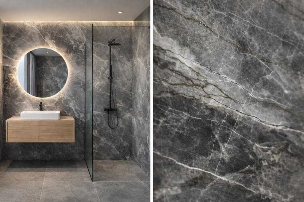 Lámina Decorativa de PVC 3 mm — Modelo Mármol Gris Grafito Cristalino